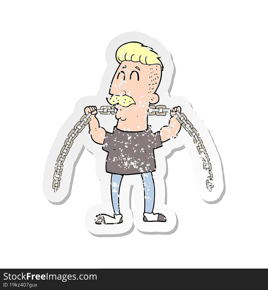 Retro Distressed Sticker Of A Cartoon Man Lifting Chain