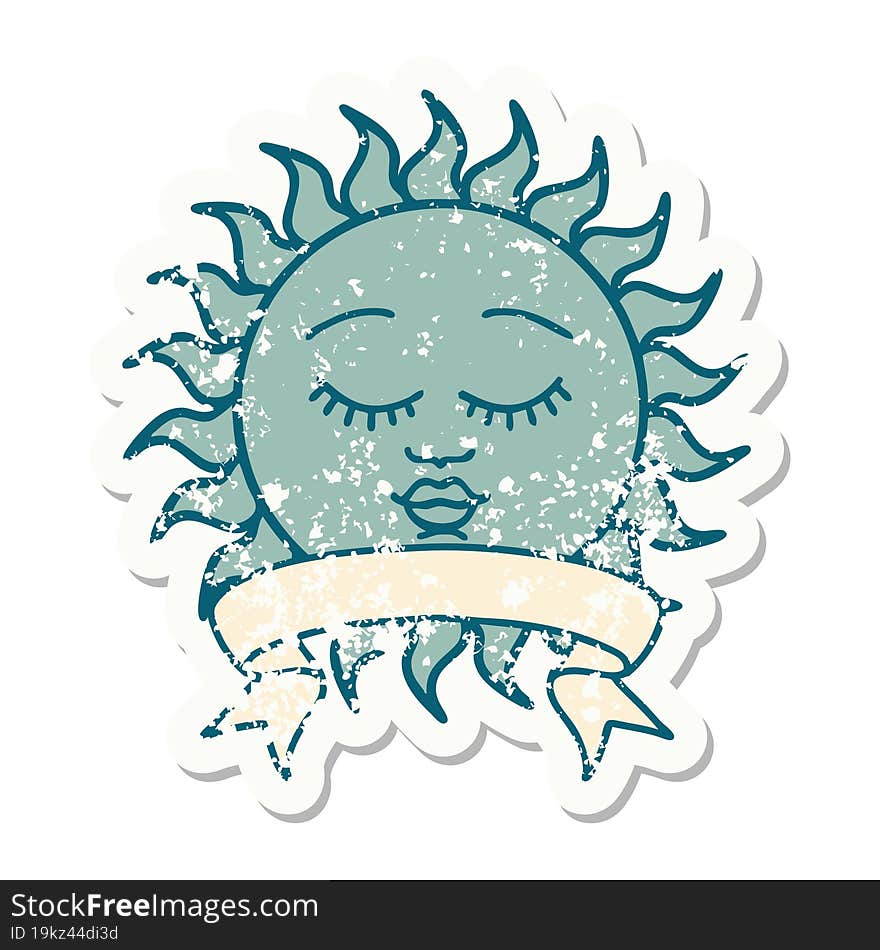 grunge sticker with banner of a sun with face