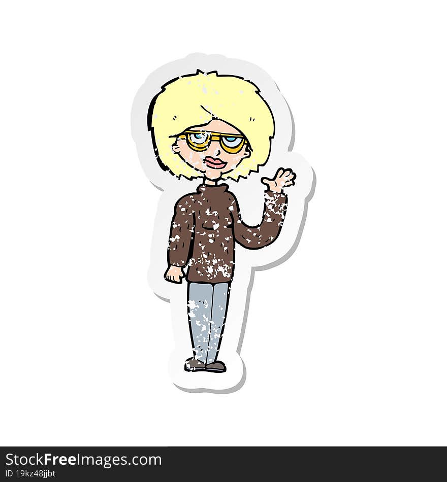 retro distressed sticker of a cartoon woman waving