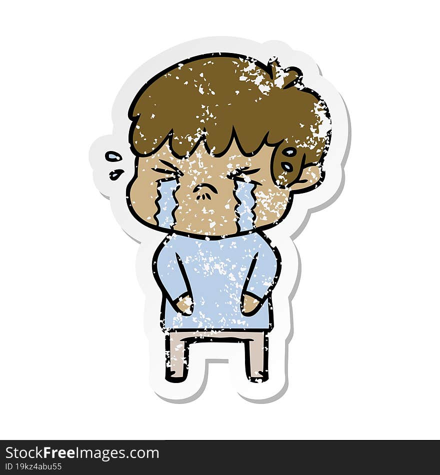 distressed sticker of a cartoon boy crying