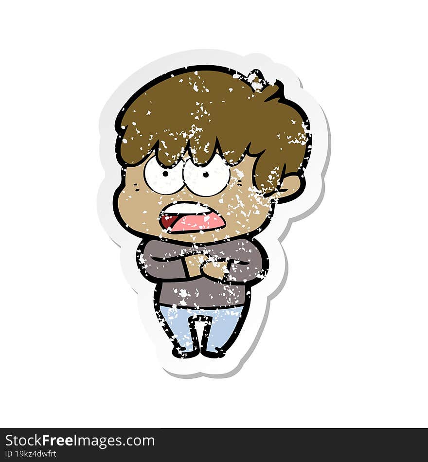 distressed sticker of a worried cartoon boy