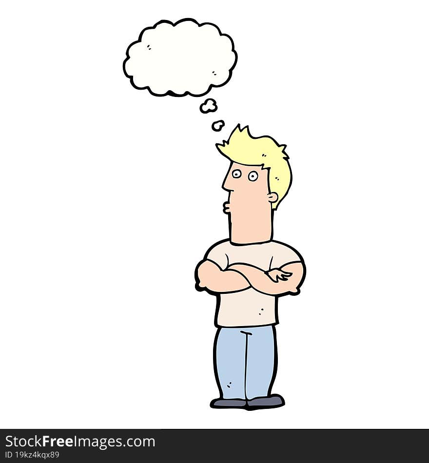 cartoon man with folded arms with thought bubble