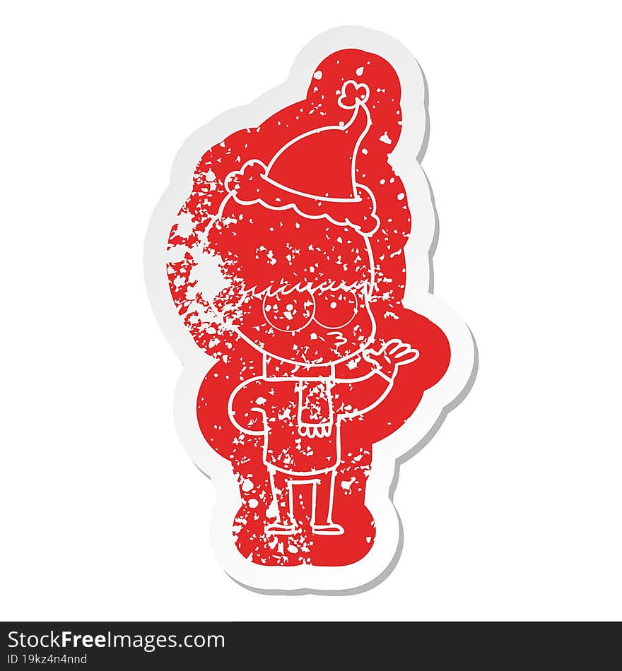 nervous cartoon distressed sticker of a boy wearing santa hat