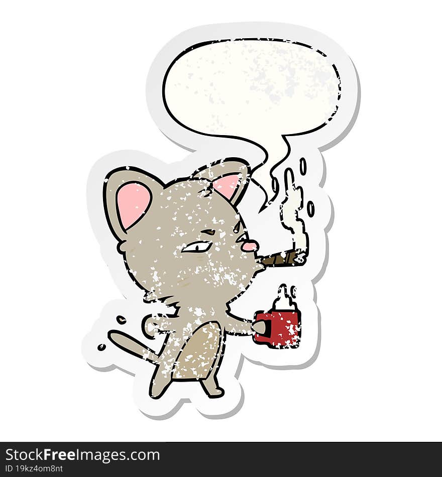 cartoon serious business cat with coffee and cigar with speech bubble distressed distressed old sticker. cartoon serious business cat with coffee and cigar with speech bubble distressed distressed old sticker