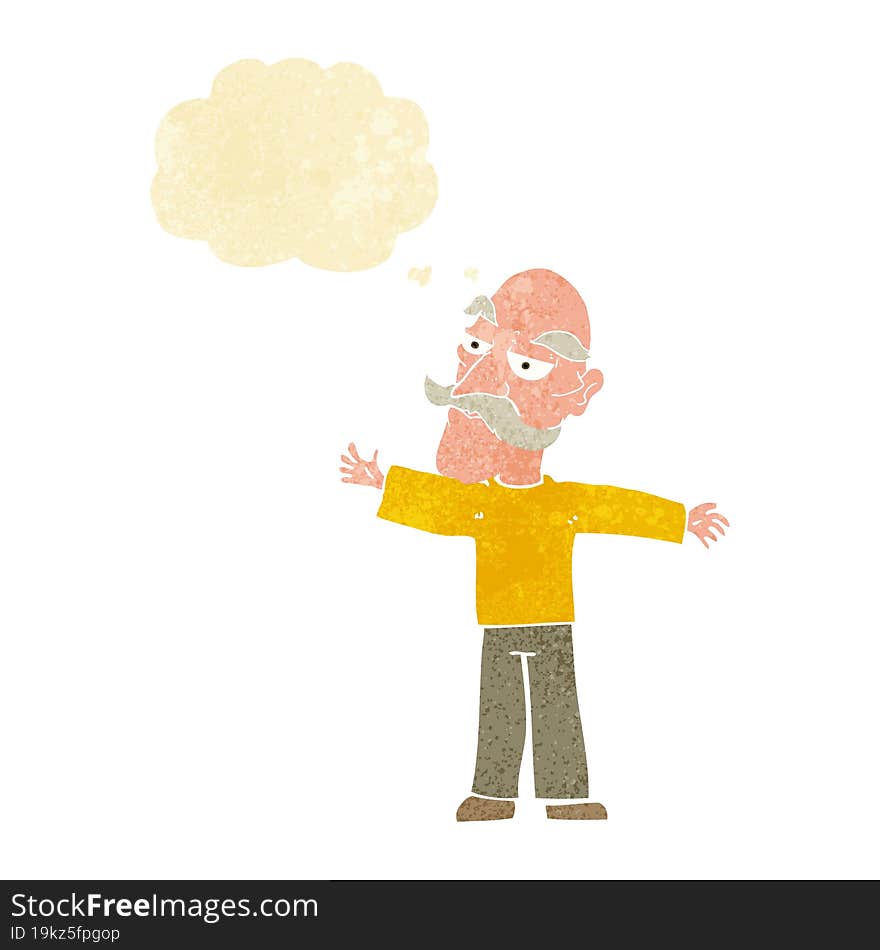 cartoon old man spreading arms wide with thought bubble