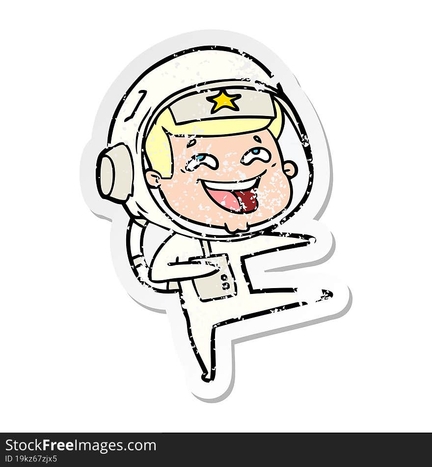 distressed sticker of a cartoon laughing astronaut