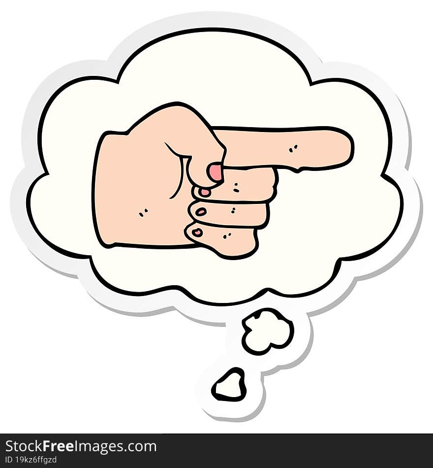 cartoon pointing hand and thought bubble as a printed sticker