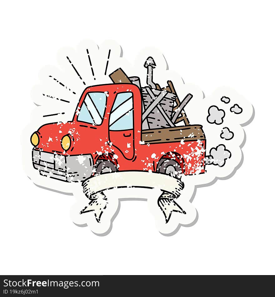 grunge sticker of tattoo style truck carrying junk