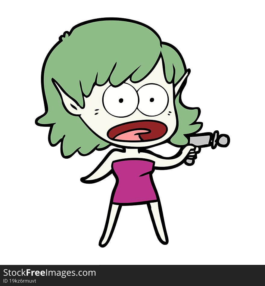 cartoon shocked alien girl with ray gun. cartoon shocked alien girl with ray gun