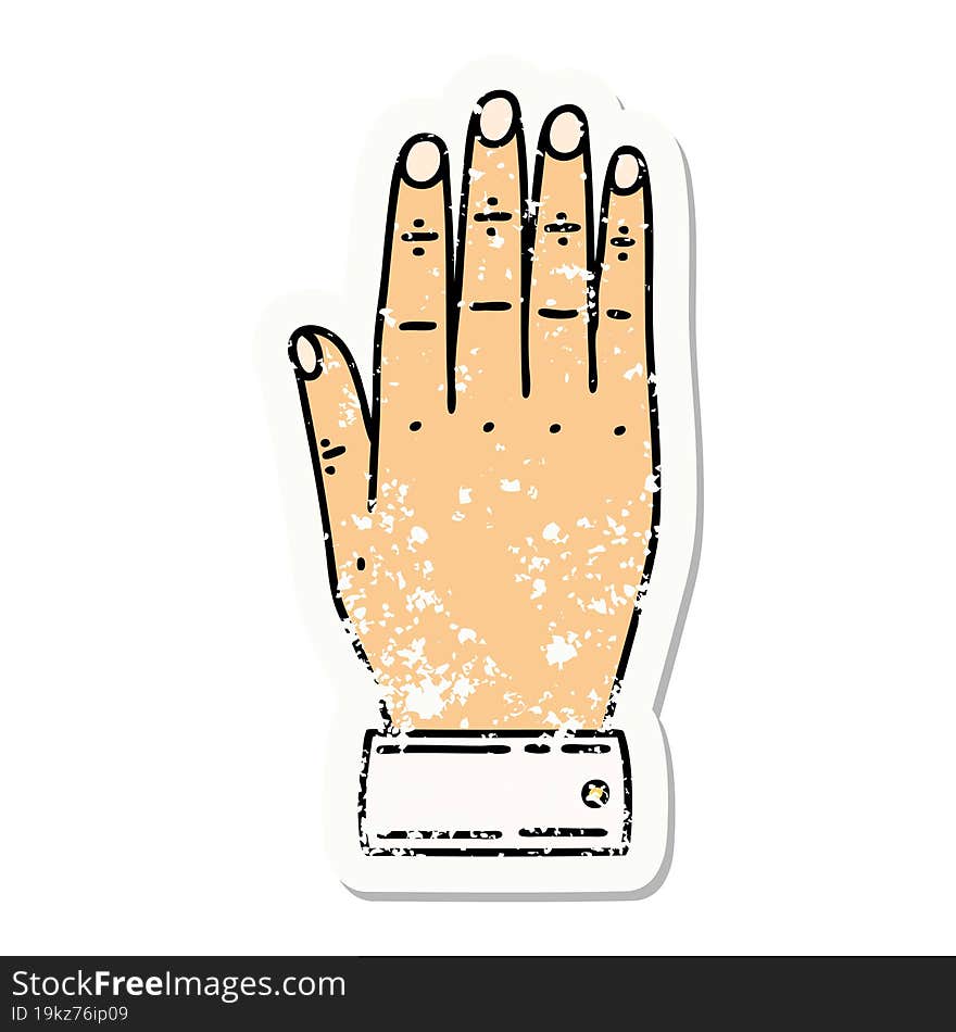 traditional distressed sticker tattoo of a hand