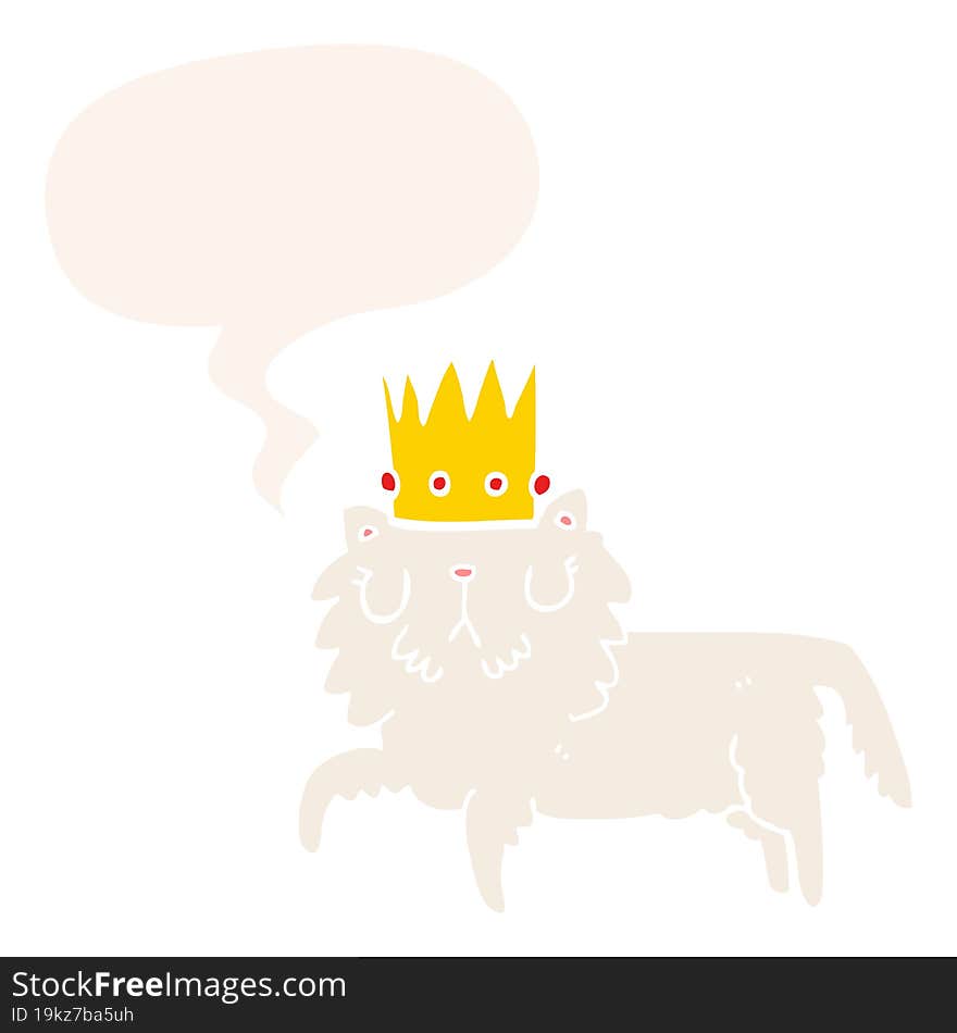 cartoon cat wearing crown with speech bubble in retro style