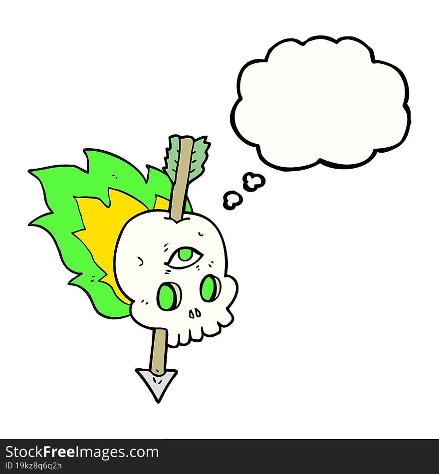 freehand drawn thought bubble cartoon magic skull with arrow through brain