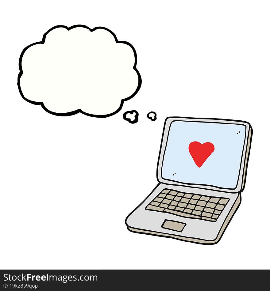 thought bubble cartoon laptop computer with heart symbol on screen