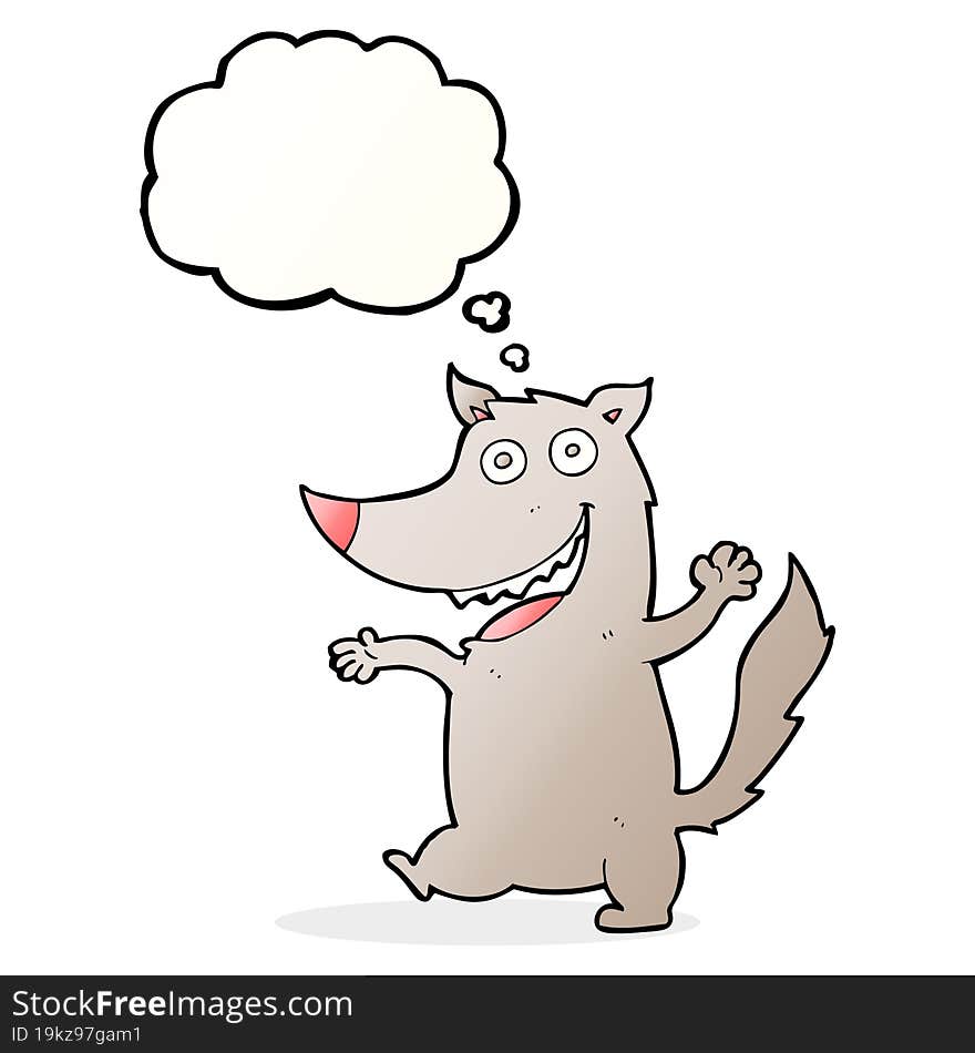 cartoon happy wolf with thought bubble