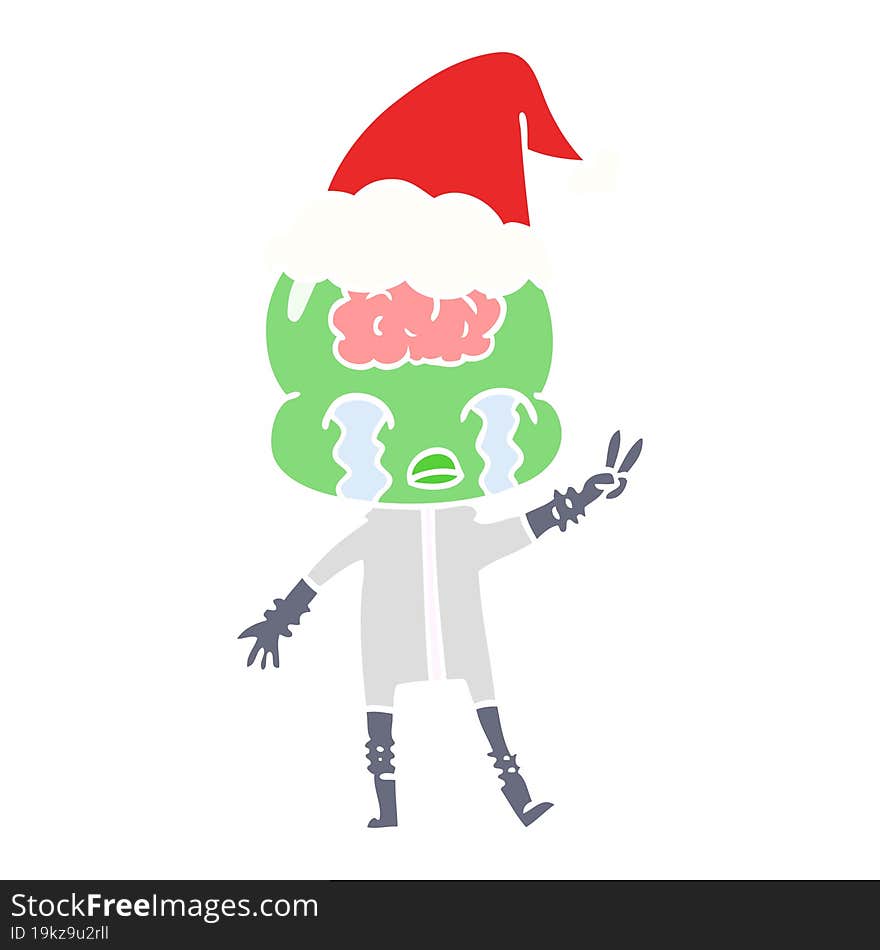 flat color illustration of a big brain alien crying and giving peace sign wearing santa hat