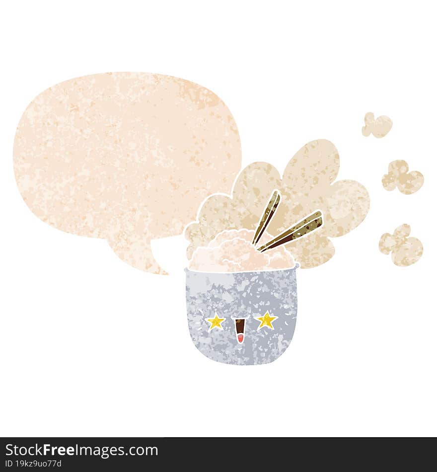 cute cartoon hot rice bowl and speech bubble in retro textured style