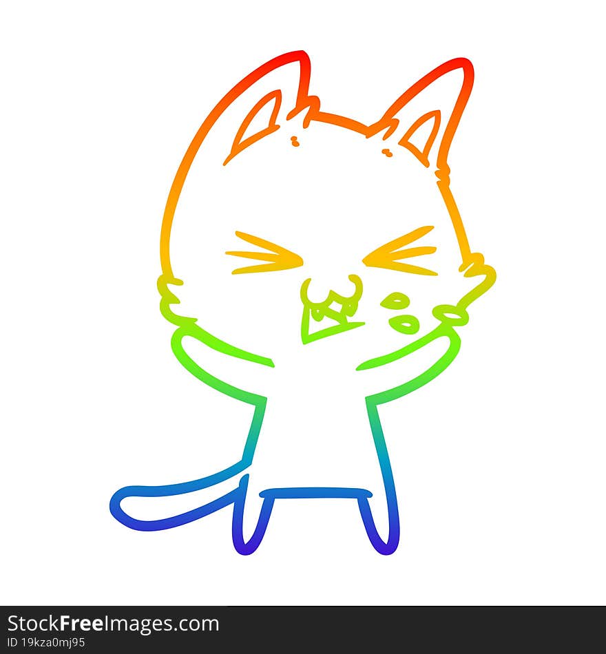 rainbow gradient line drawing of a cartoon cat hissing