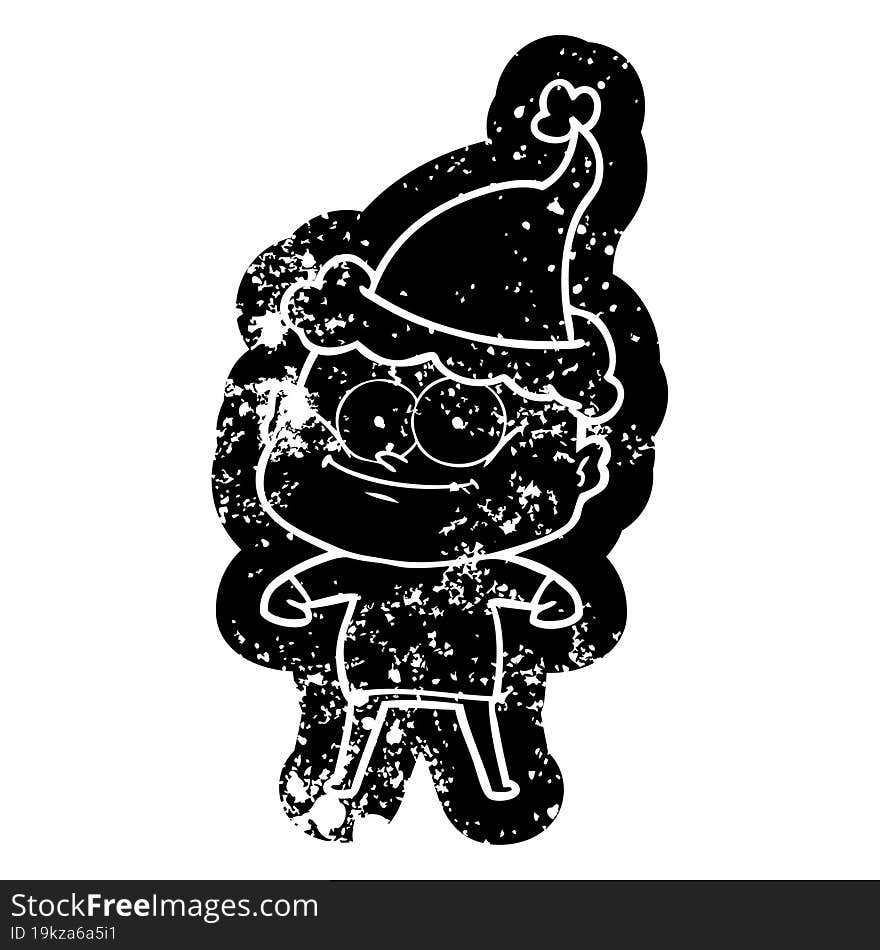 quirky cartoon distressed icon of a bald man staring wearing santa hat