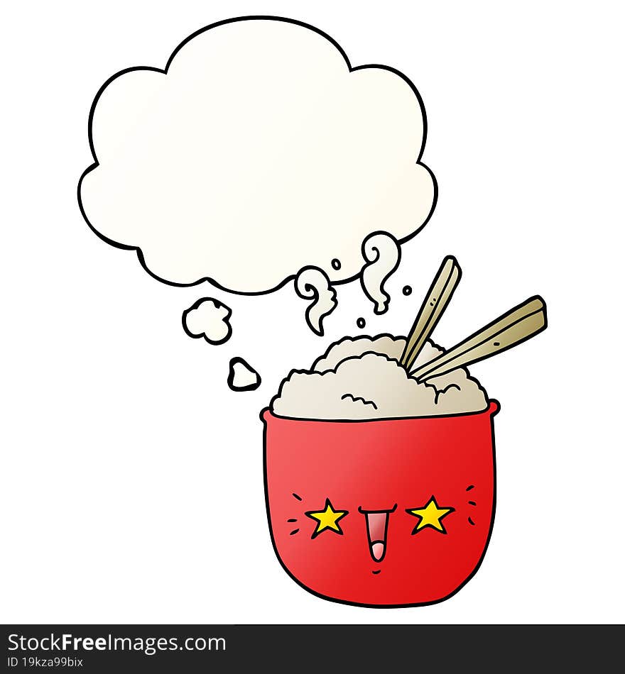 cartoon rice bowl with face and thought bubble in smooth gradient style