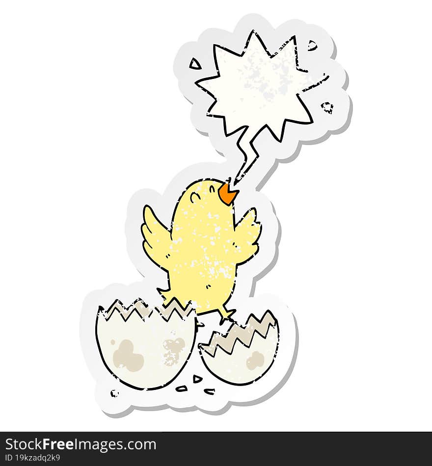 cartoon bird hatching from egg with speech bubble distressed distressed old sticker. cartoon bird hatching from egg with speech bubble distressed distressed old sticker