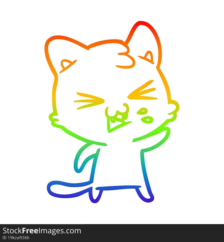 rainbow gradient line drawing of a cartoon cat hissing