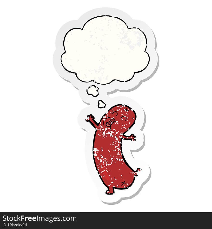 cartoon dancing sausage with thought bubble as a distressed worn sticker