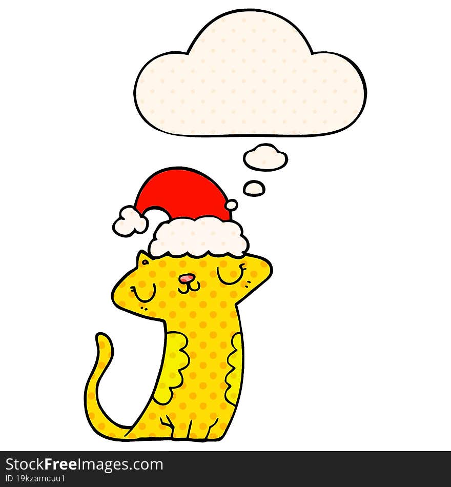 cute cartoon cat wearing christmas hat with thought bubble in comic book style