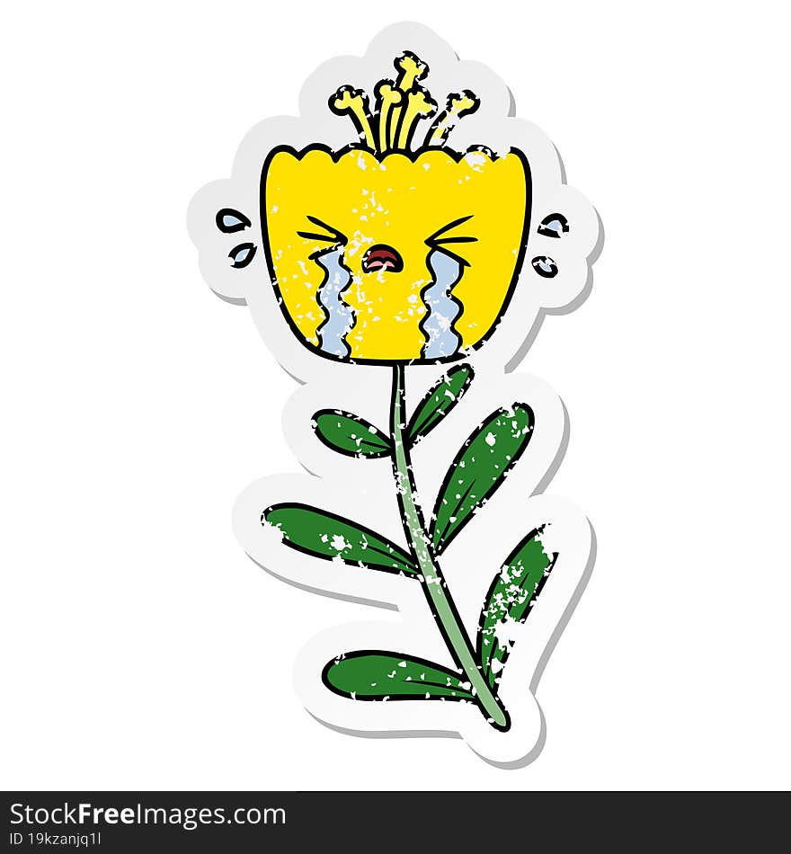 Distressed Sticker Of A Cartoon Crying Flower