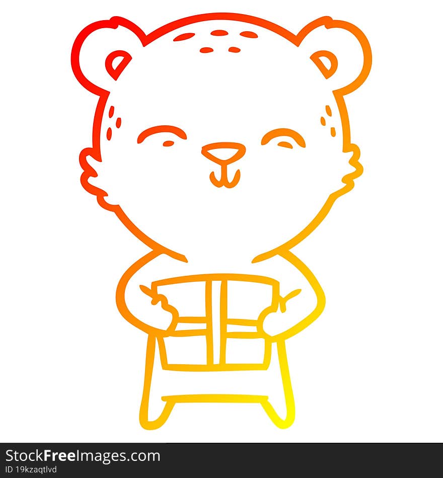 warm gradient line drawing happy cartoon bear with gift