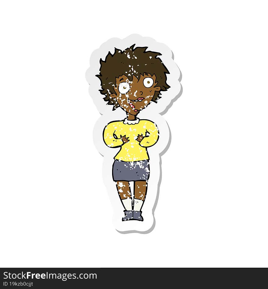 Retro Distressed Sticker Of A Cartoon Excited Woman