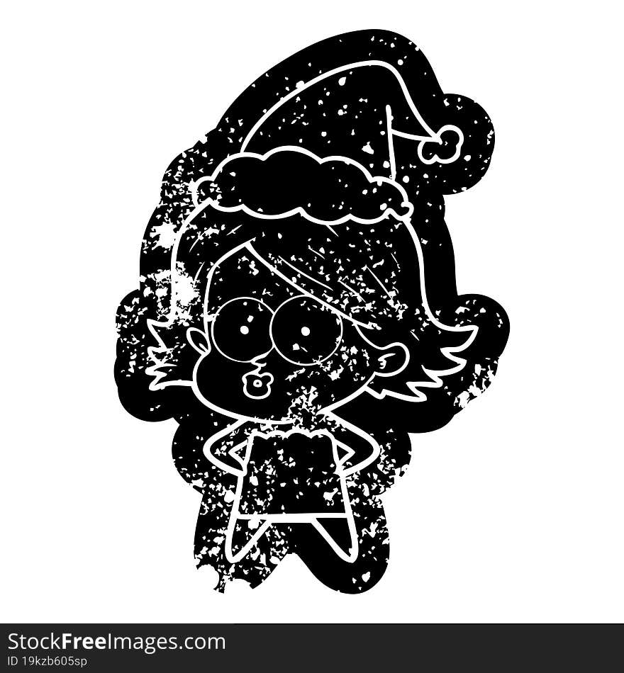 cartoon distressed icon of a girl pouting wearing santa hat