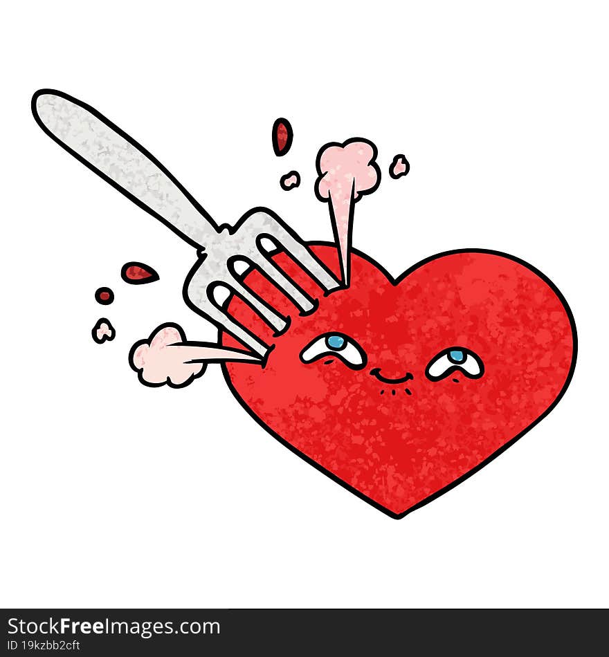 cartoon love heart stuck with fork. cartoon love heart stuck with fork