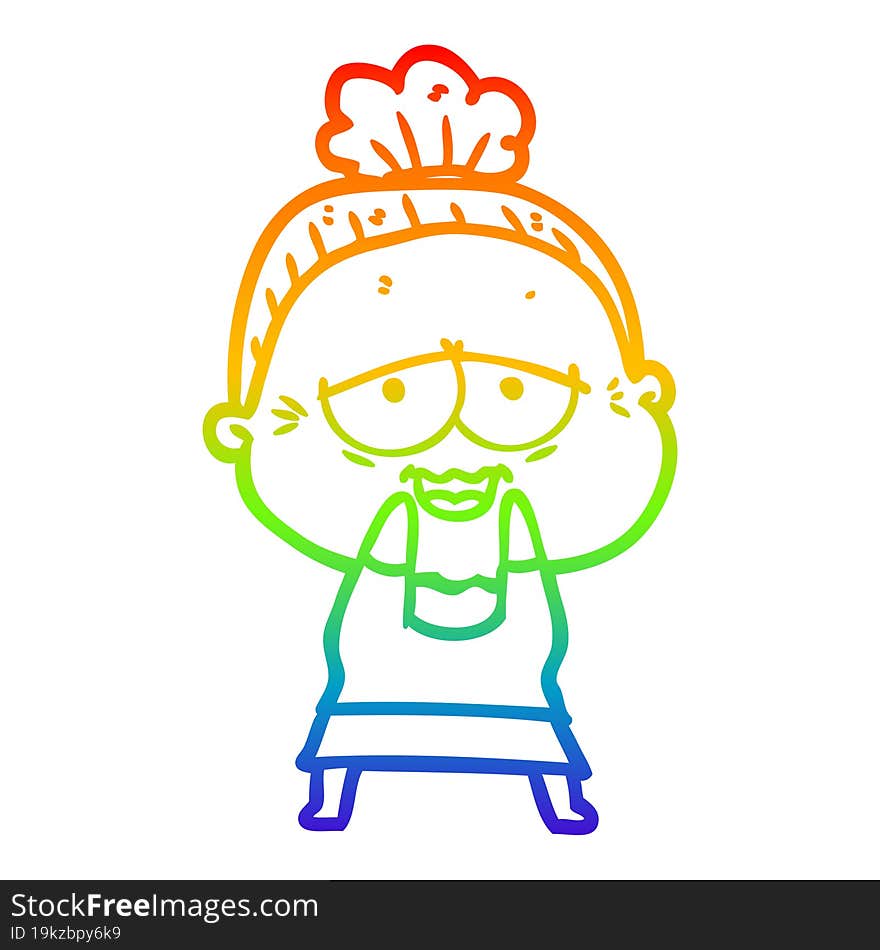 rainbow gradient line drawing of a cartoon happy old lady