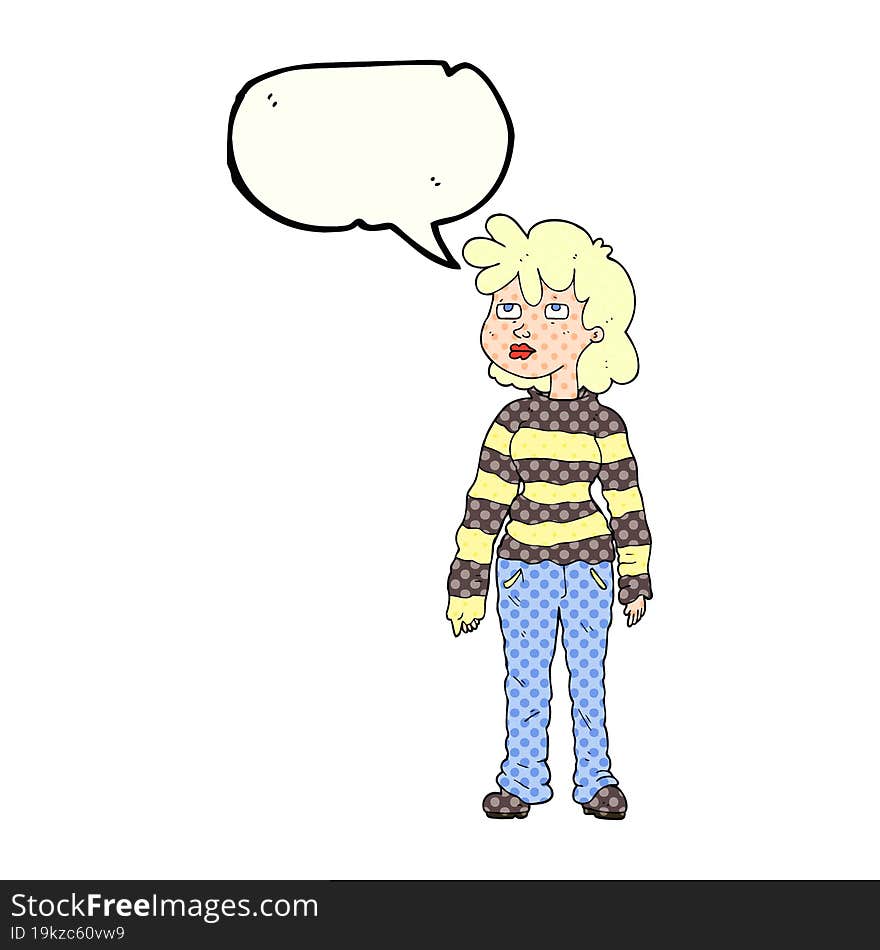 freehand drawn comic book speech bubble cartoon woman in casual clothes