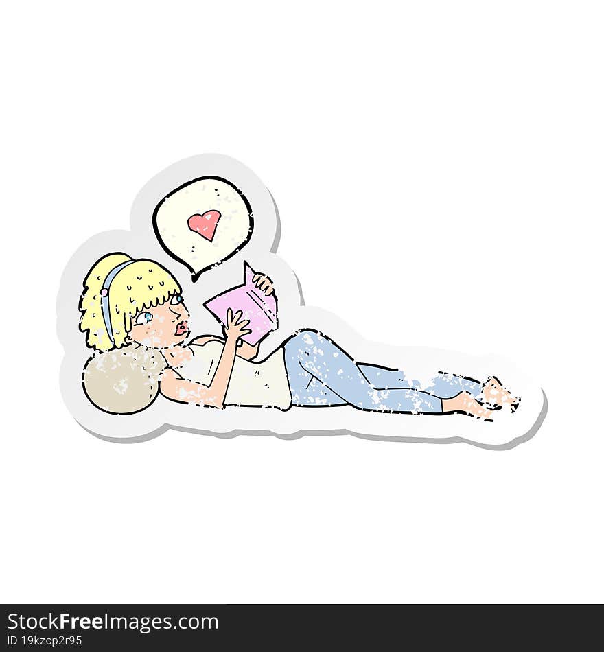 retro distressed sticker of a cartoon woman loving her book