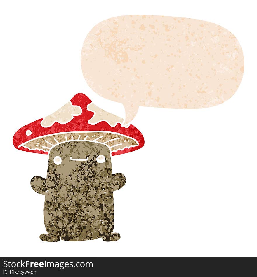 cartoon mushroom with speech bubble in grunge distressed retro textured style. cartoon mushroom with speech bubble in grunge distressed retro textured style