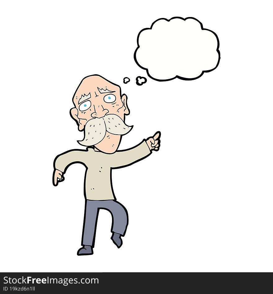 cartoon sad old man pointing with thought bubble