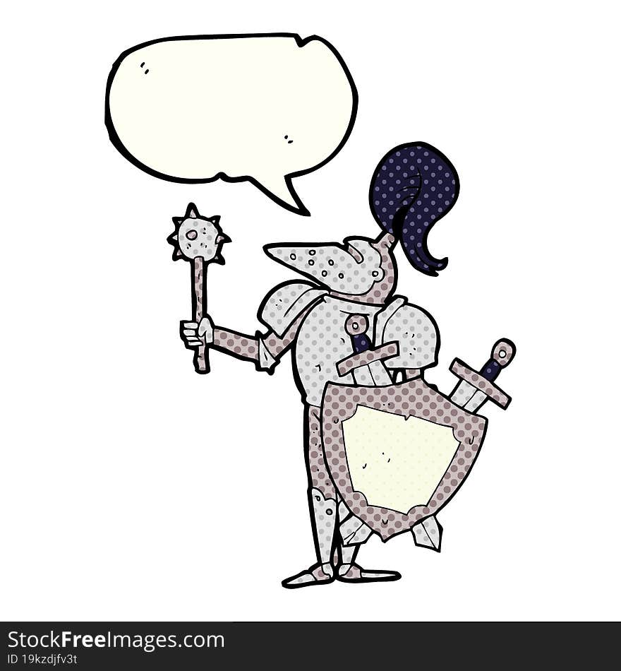 comic book speech bubble cartoon medieval knight with shield