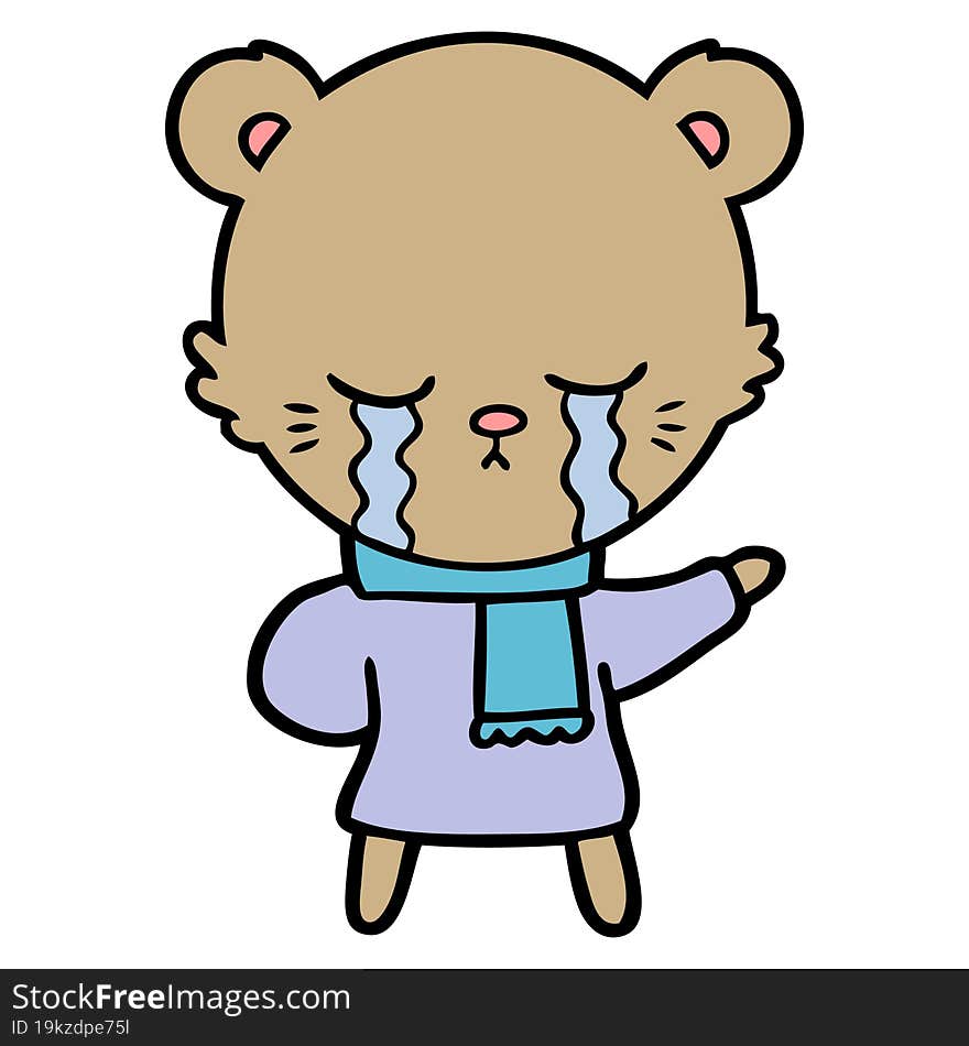 crying cartoon bear wearing winter clothes. crying cartoon bear wearing winter clothes