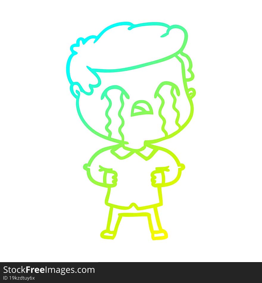 cold gradient line drawing of a cartoon man crying