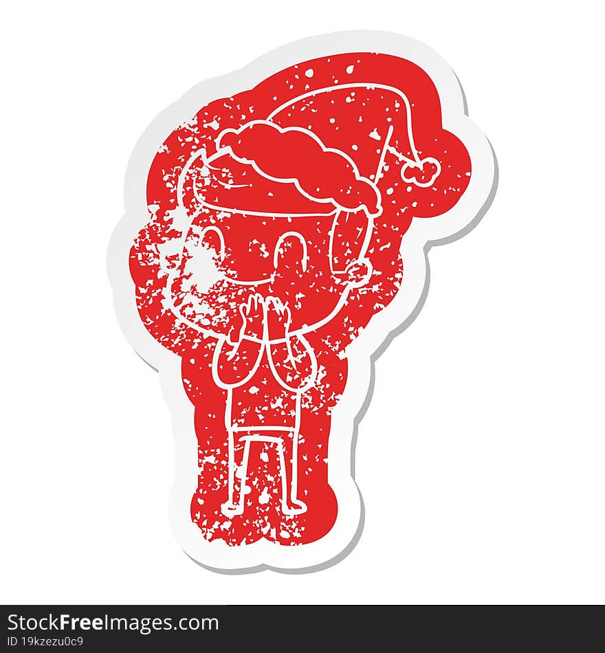 Cartoon Distressed Sticker Of A Friendly Man Wearing Santa Hat