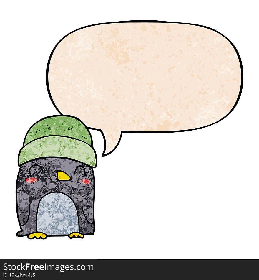 Cute Cartoon Penguin And Speech Bubble In Retro Texture Style