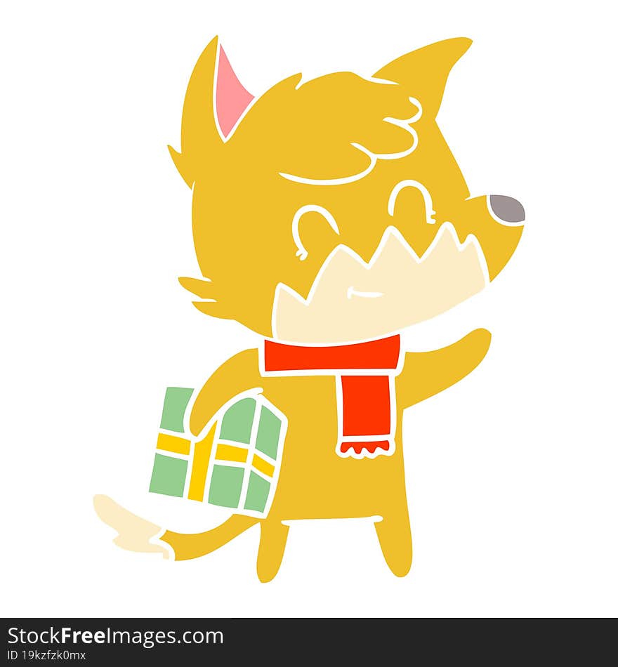 flat color style cartoon happy fox with gift