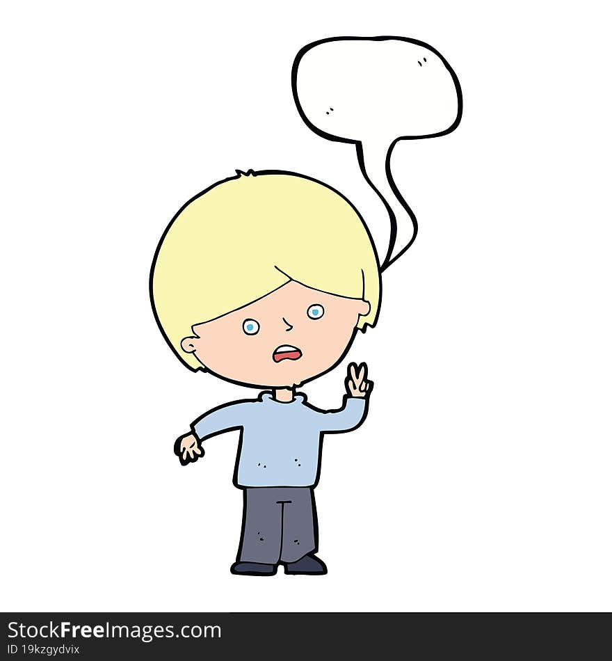 Cartoon Unhappy Boy Giving Peace Sign With Speech Bubble