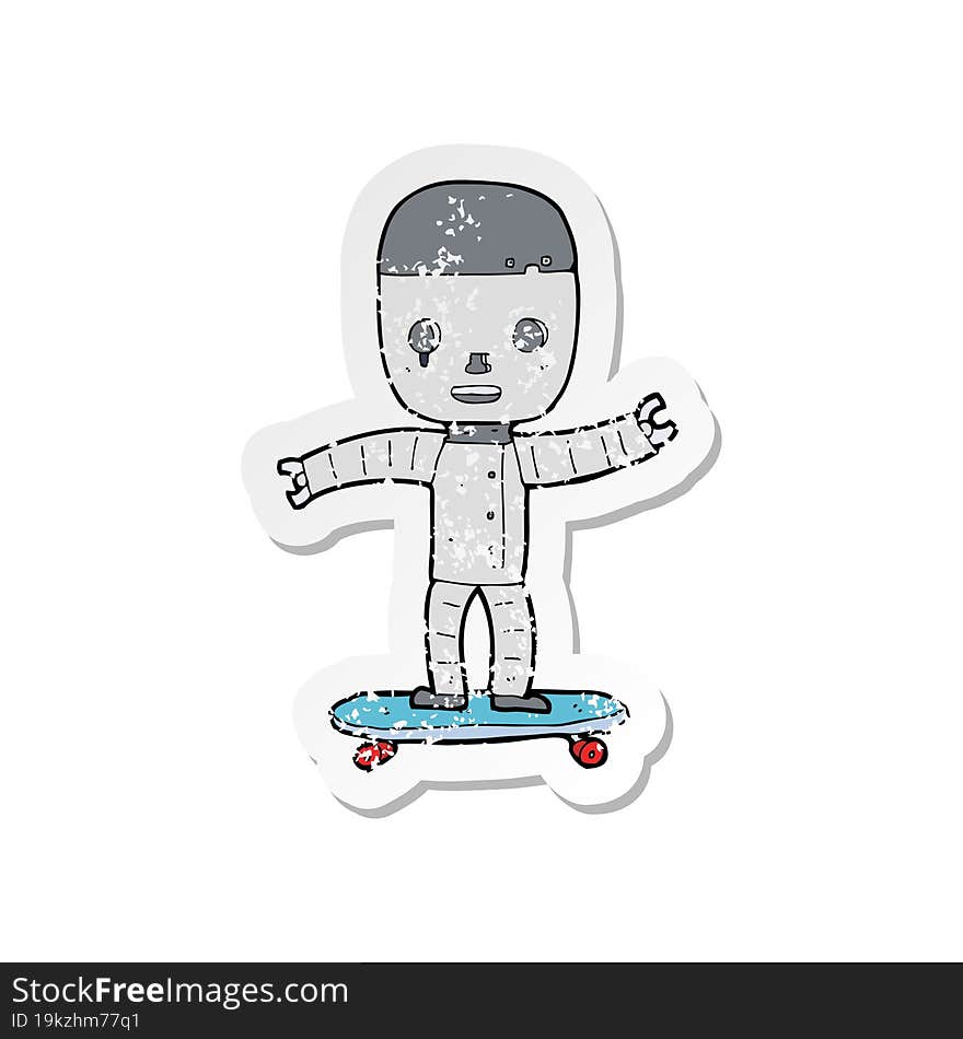 Retro Distressed Sticker Of A Cartoon Robot On Skateboard