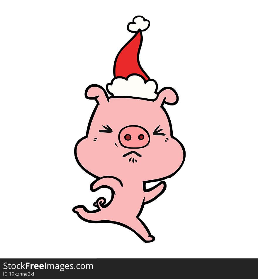 Line Drawing Of A Annoyed Pig Running Wearing Santa Hat