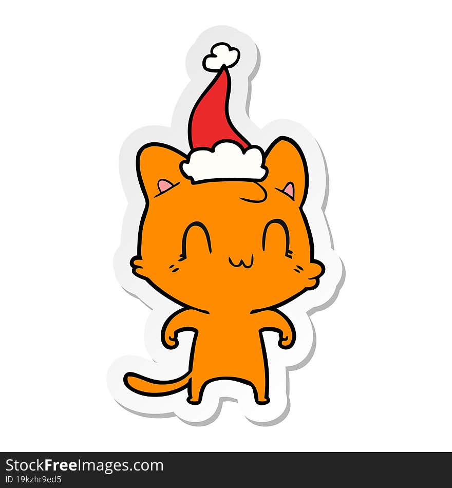 Sticker Cartoon Of A Happy Cat Wearing Santa Hat