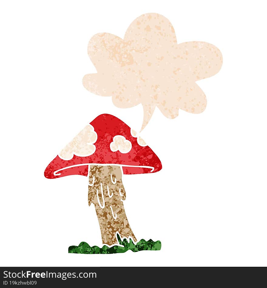 cartoon mushroom with speech bubble in grunge distressed retro textured style. cartoon mushroom with speech bubble in grunge distressed retro textured style