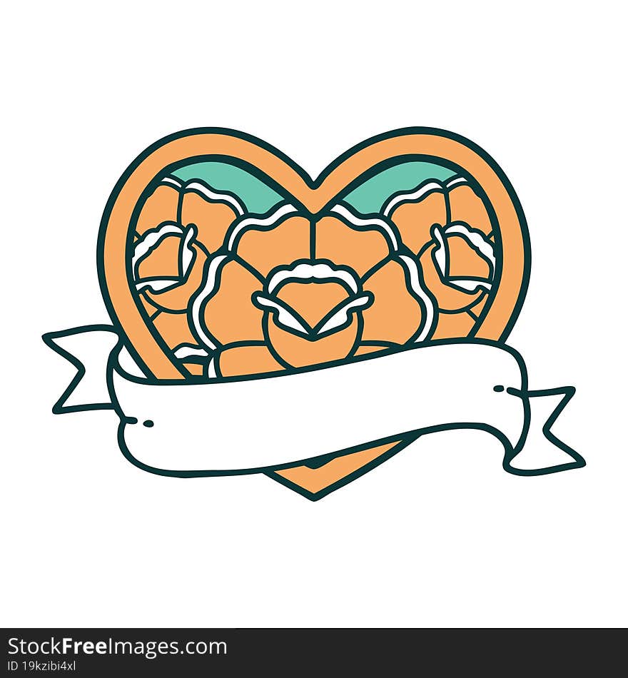 tattoo style icon of a heart and banner with flowers