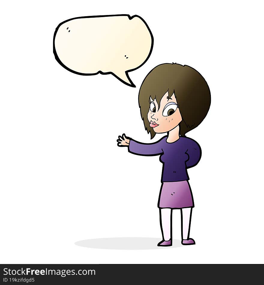 cartoon woman making welcome gesture with speech bubble